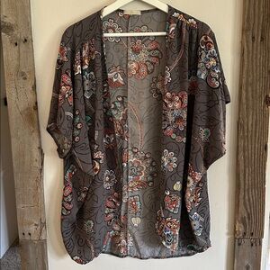 Olive Tree Gray Orange Blue Turquoise Floral Kimono Cardigan One Size